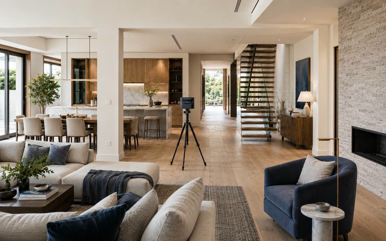 Tripod-mounted 3D camera set up in a staged property interior