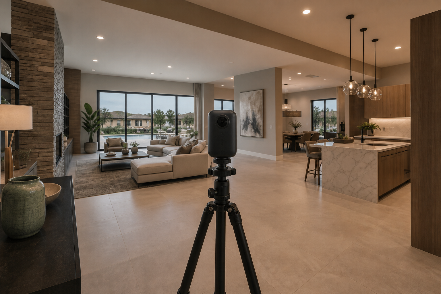 360 tour camera set in an open residential interior prepared for property marketing