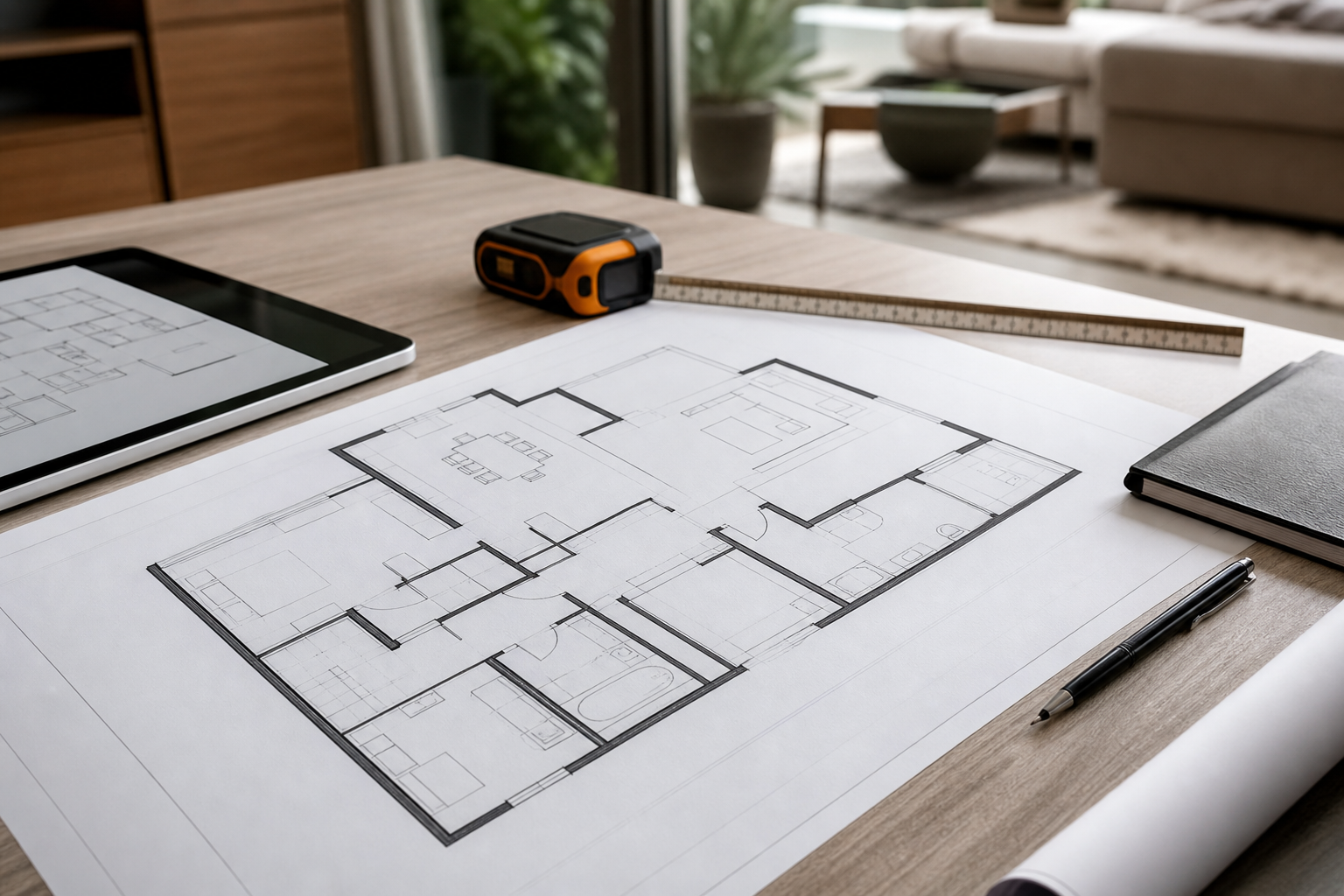 Floor plan documentation workspace with measuring tools and architectural layout paper