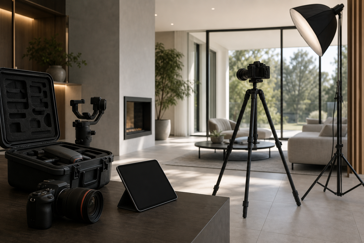 Professional real estate photography equipment arranged in a modern interior