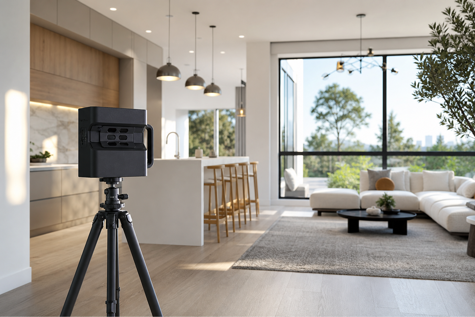Professional 3D tour capture camera in a premium residential interior
